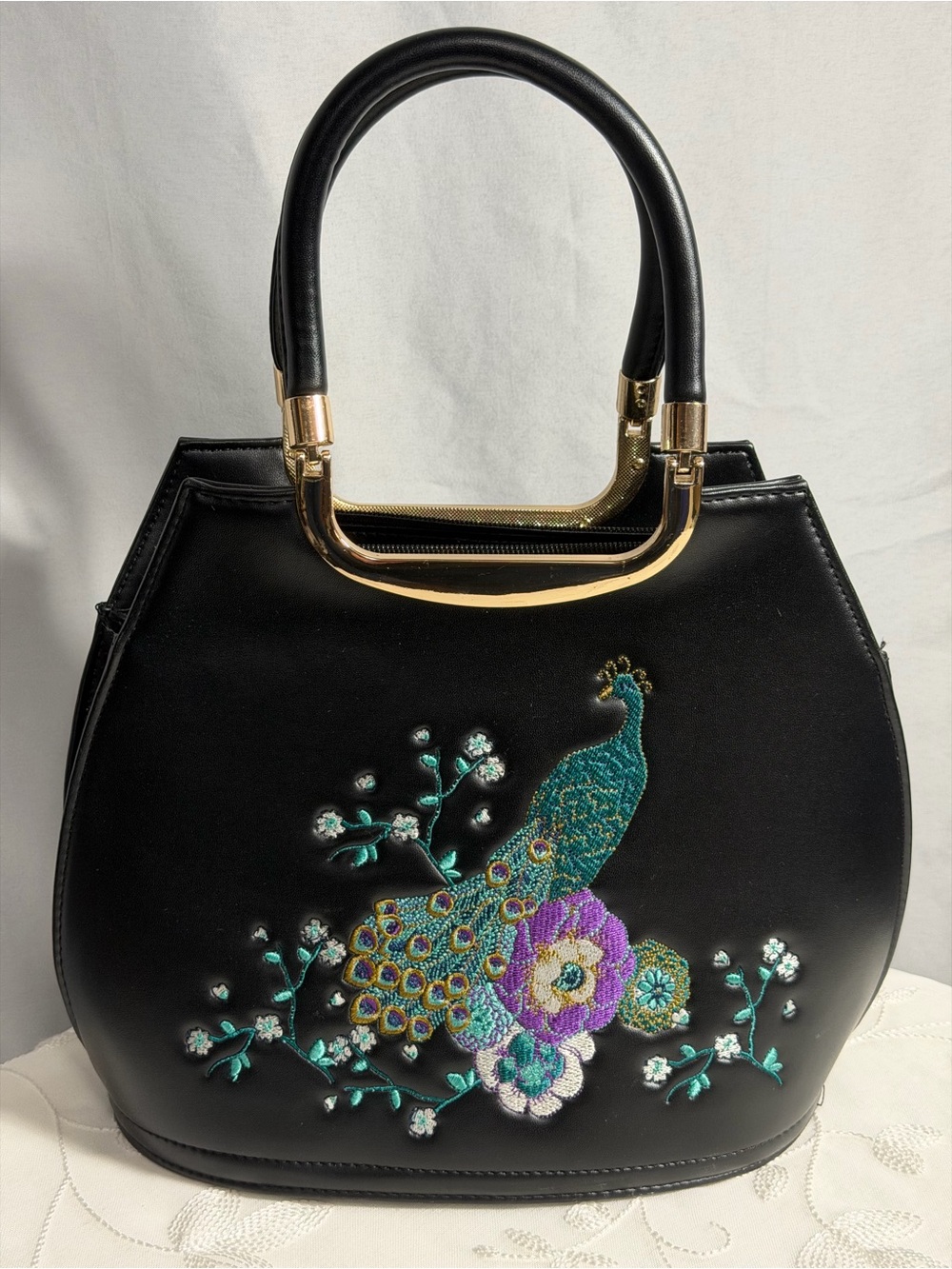 Banned Retro Dancing Days Vintage Handbag Embroidered Peacock Black Gold Trim